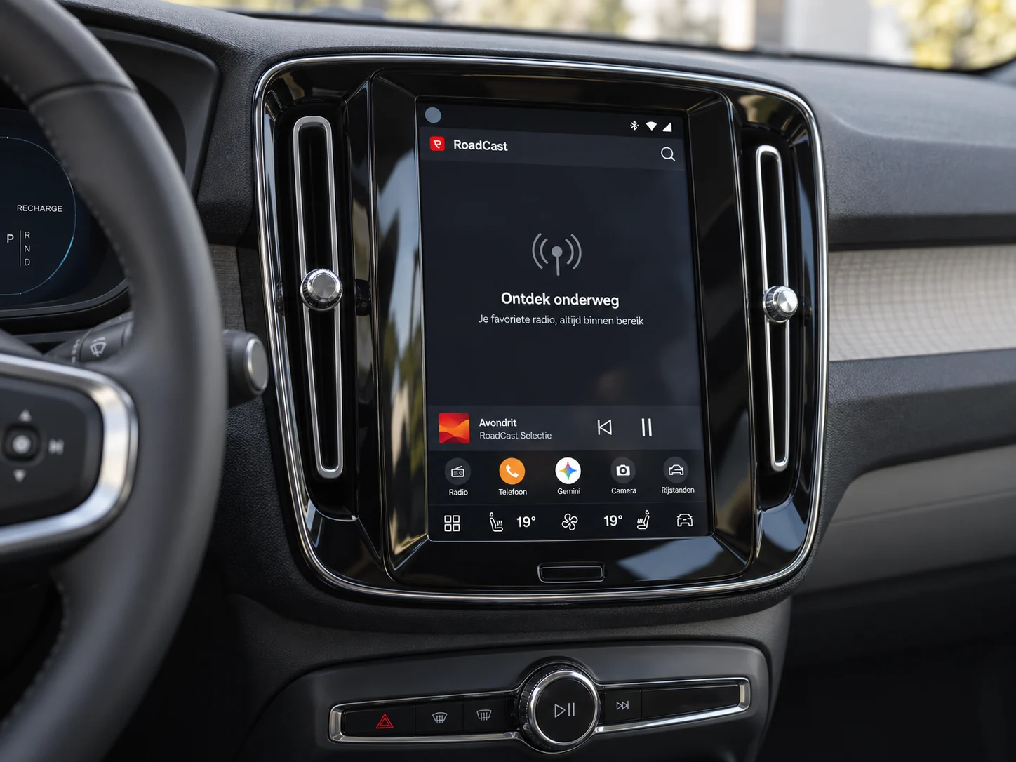 Illustrative XC40 console mockup with the RoadCast library screen.